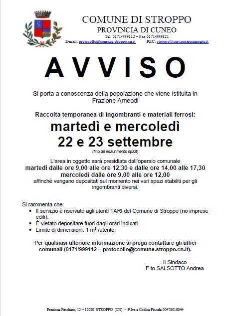 Raccolta ingombranti 22-23 settembre 2026 presso Frazione Arneodi